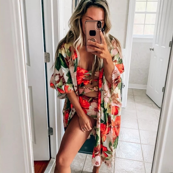 Floral Print Open Front Chiffon Cover Up - Picture 2 of 6